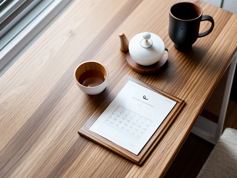 A minimalist desk with a moon phase calendar and a smartphone showing a spiritual reading.